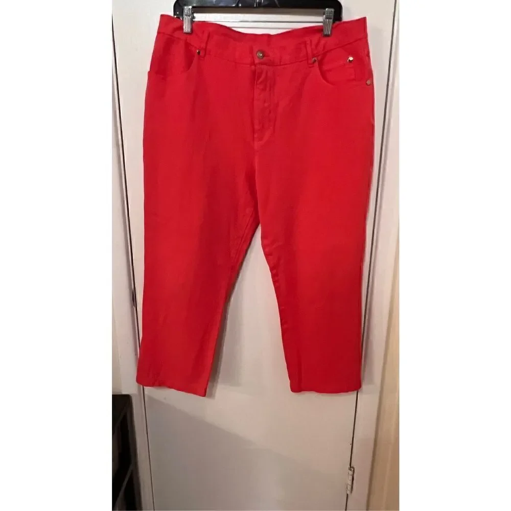Marble Women's Mid Rise Capri Pants Dark Wash Stretch Casual Red Size 12